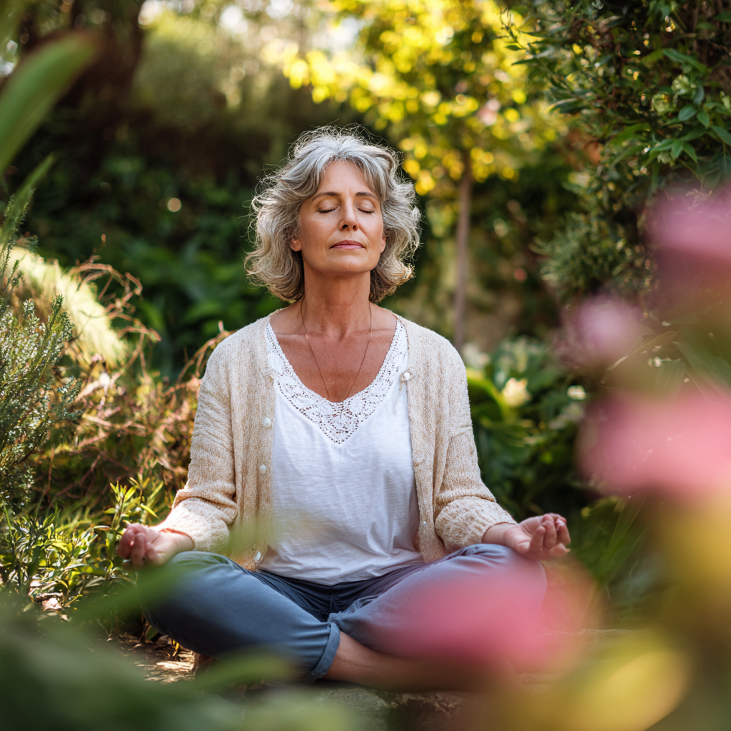 Mature woman practicing mindful yoga meditation in peaceful garden setting